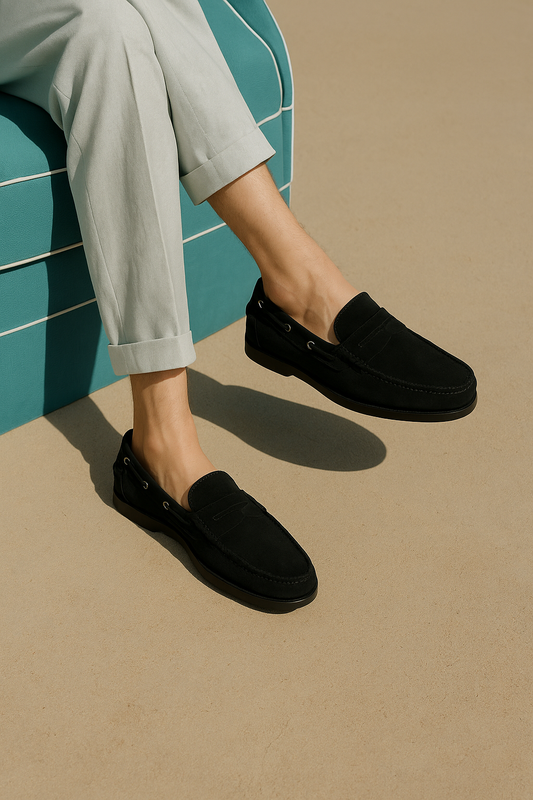 Men's Black Suede Leather Penny Loafers - FT04-0434