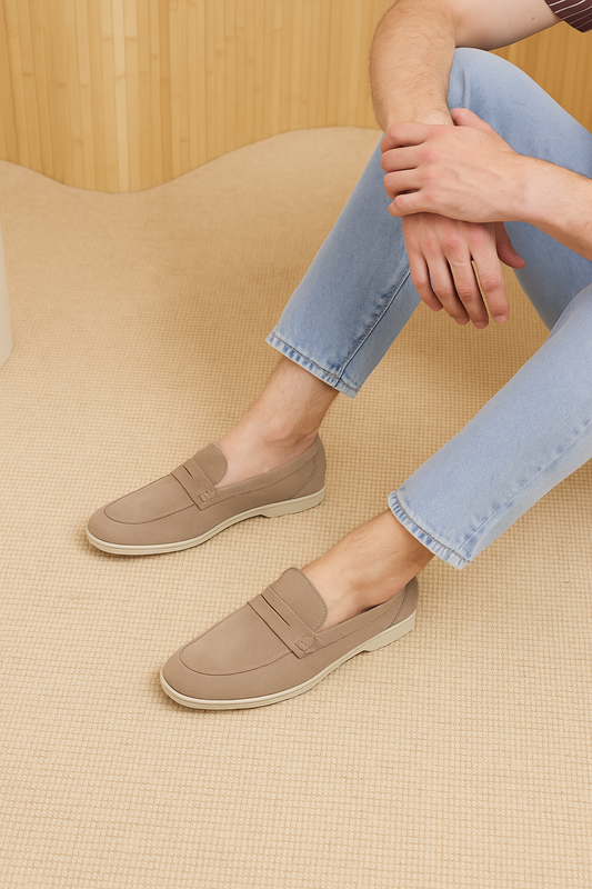 Men's Beige Suede Leather Penny Loafers - FT04-1235
