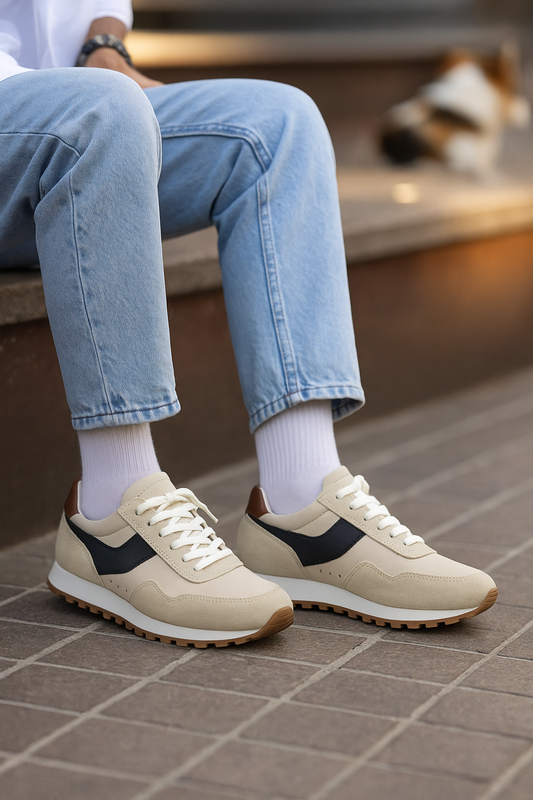 Men's Beige Suede & Leather Sneakers - FT05-0704