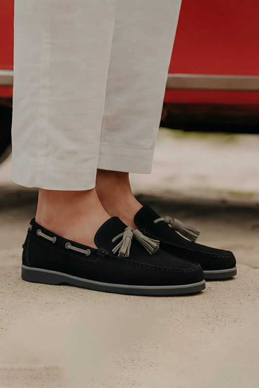 Men's Black Suede Tassel Boat Loafers - FT04-0991