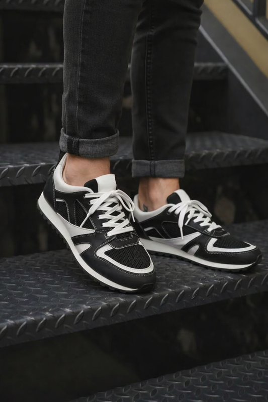 Men's Black Leather Mesh Sneakers -FT05-0584