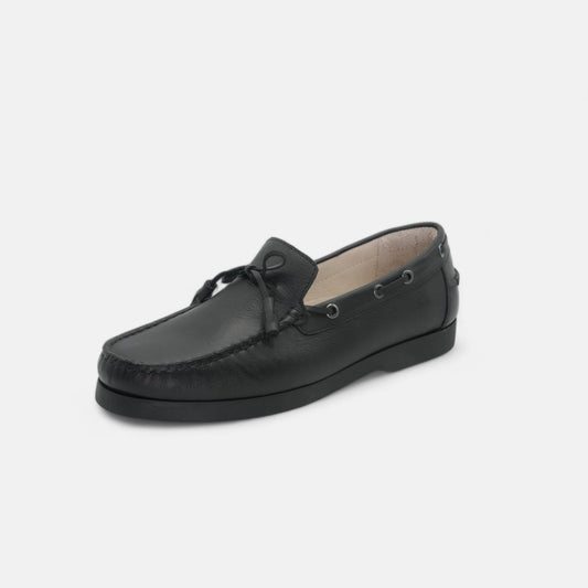 Men's Black Leather Tie-Front Boat Loafers - FT04-0990