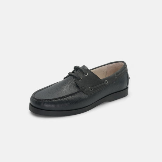 Men's Black Leather Boat Loafers - FT04-0989