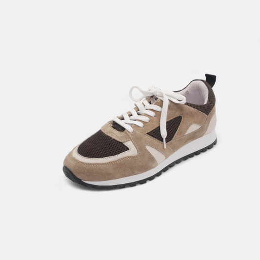 Men's Beige & Dark Brown Mesh Leather Sneakers - FT05-0583