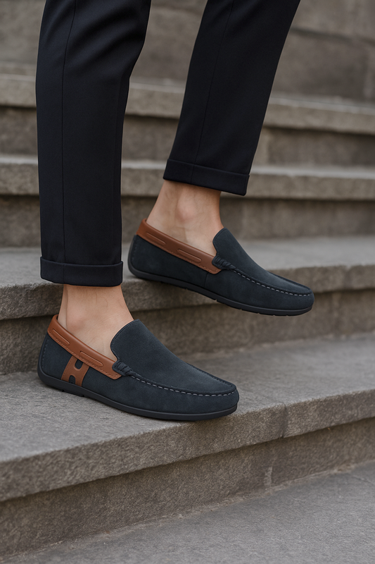Men’s Navy Suede Leather Moccasin Loafers – FT03-1177