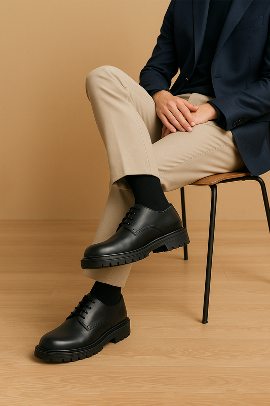 Men's Black Leather Derby Shoes with Rugged Sole - FT04-0409