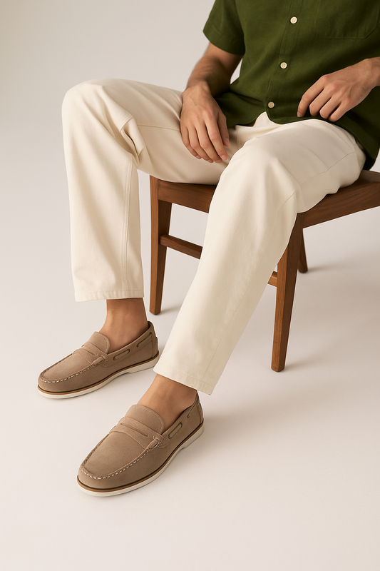 Men's Beige Suede Leather Penny Loafers - FT04-0434