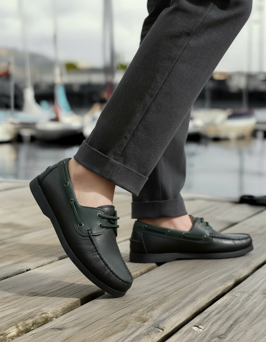 Men's Black Leather Boat Loafers - FT04-0989