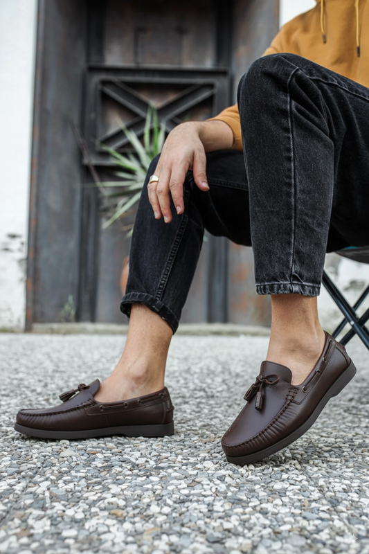Men's Brown Leather Tie-Front Boat Loafers - FT04-0990