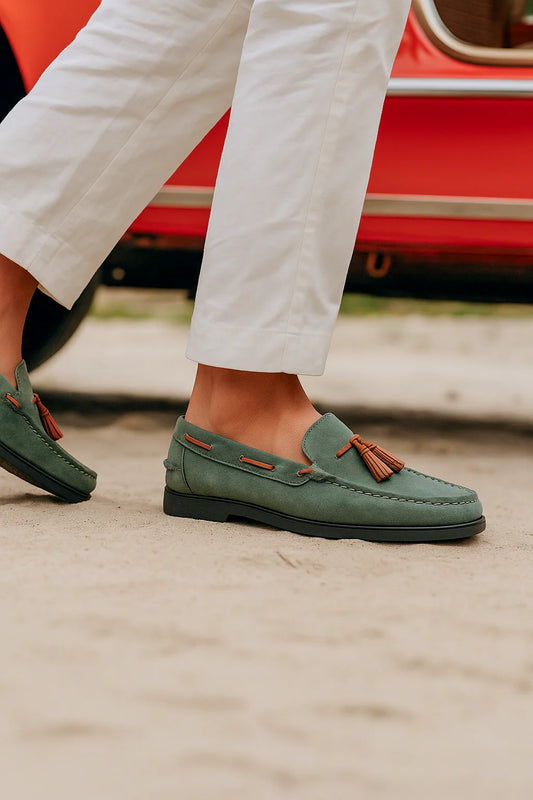 Men's Olive Suede Tassel Boat Loafers - FT04-0991