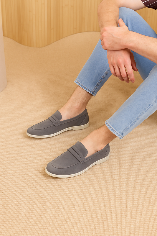 Men's Grey Suede Leather Penny Loafers - FT04-1235