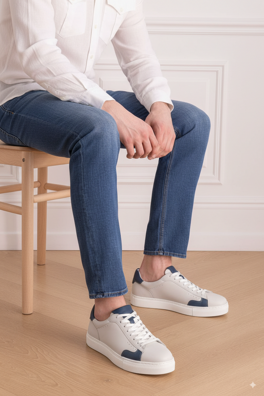 Men's White Leather Sneakers with Navy Accents - FT05-0580