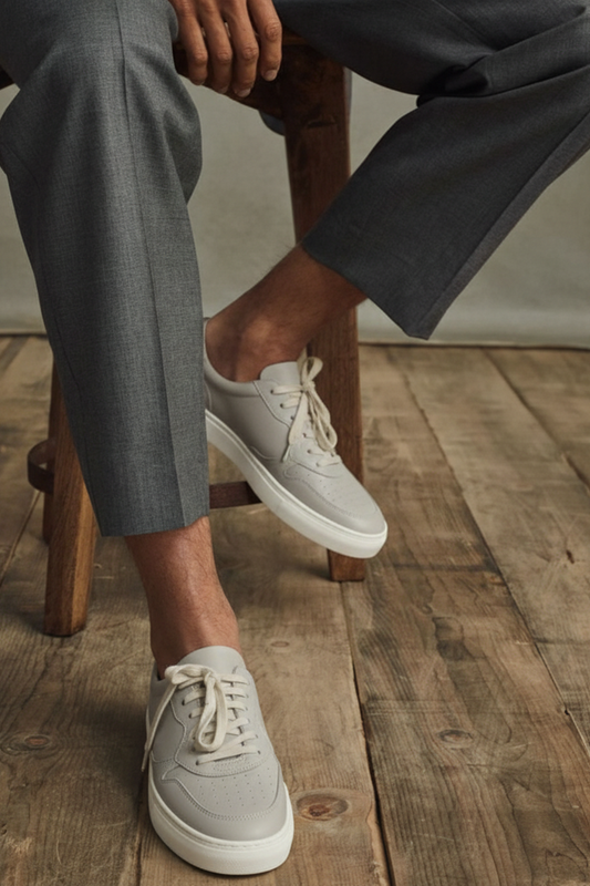 Men's White Leather Low Top Sneakers - FT05-0582