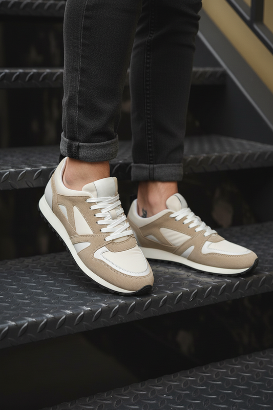 Men's Beige & White Leather Sneakers - FT05-0583