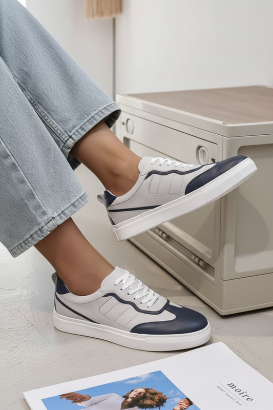 Men's White & Navy Leather Sneakers - FT05-1141