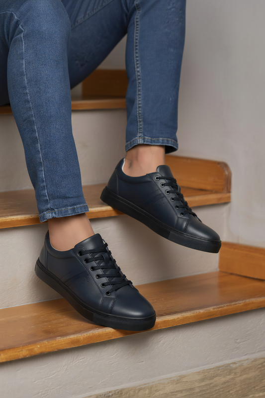 Men's Navy Leather Casual Sneakers - FT05-1412