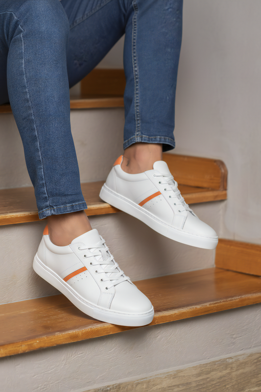 Men's White Orange Leather Casual Sneakers - FT05-1412