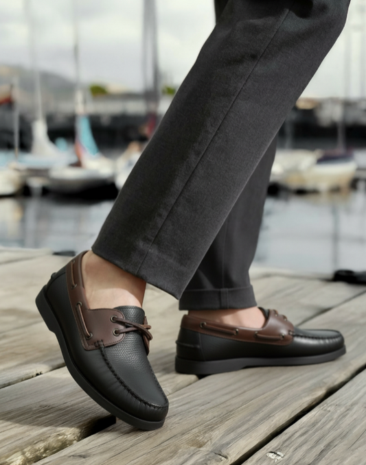 Men's Black & Brown Leather Boat Loafers - FT04-0989