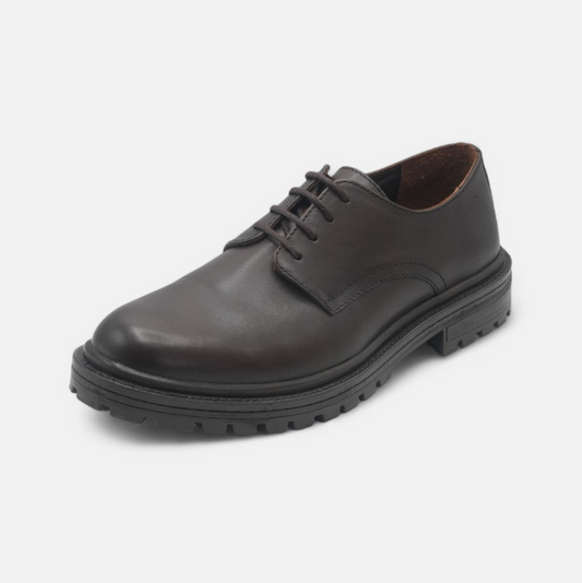 Men's Dark Brown Leather Derby Shoes with Rugged Sole - FT04-0409