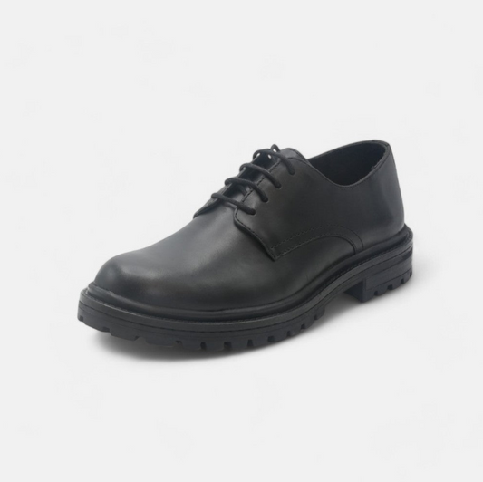Men's Black Leather Derby Shoes with Rugged Sole - FT04-0409