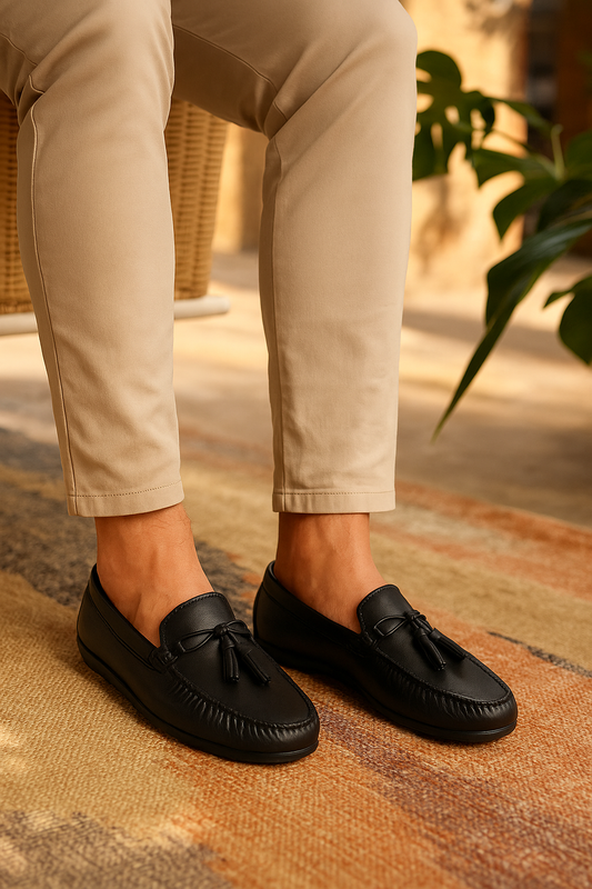 Men’s Black Leather Tassel Moccasin Loafers – FT03-0206