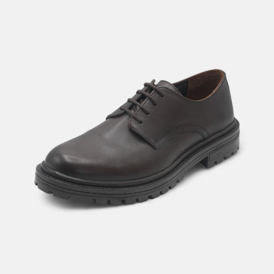 Men's Dark Brown Leather Derby Shoes with Rugged Sole - FT04-0409