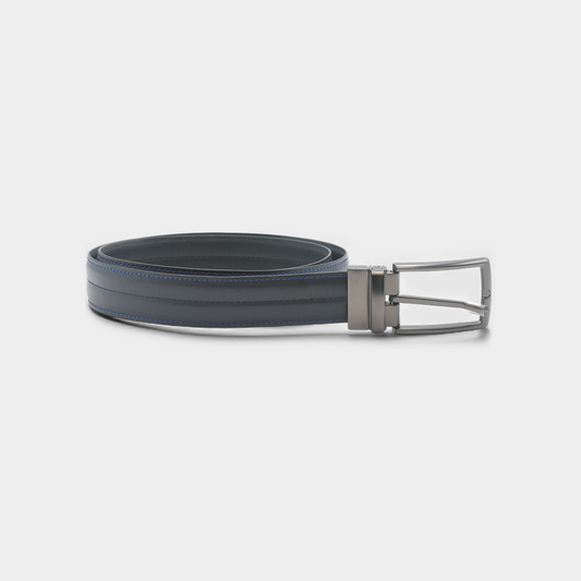 Premium Navy "2-in-1" Reversible Leather Belt – Silver Buckle
