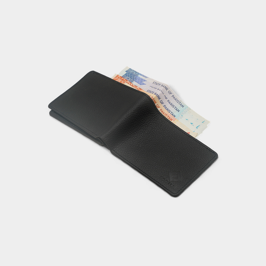 Textured Genuine Black Leather Tri-Fold Wallet