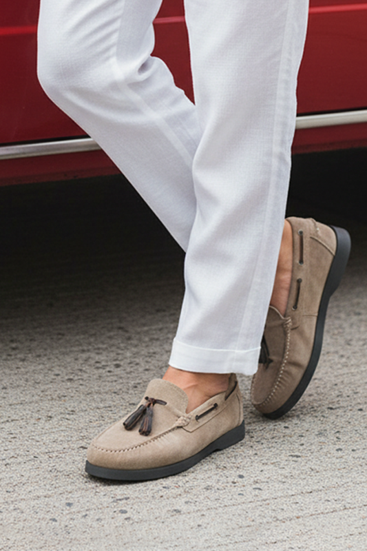 Men's Beige Suede Tassel Boat Loafers - FT04-0991