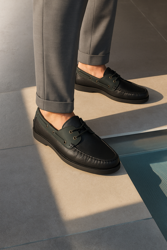 Men's Black Leather Boat Loafers - FT04-0989