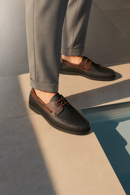 Men's Black & Brown Leather Boat Loafers - FT04-0989