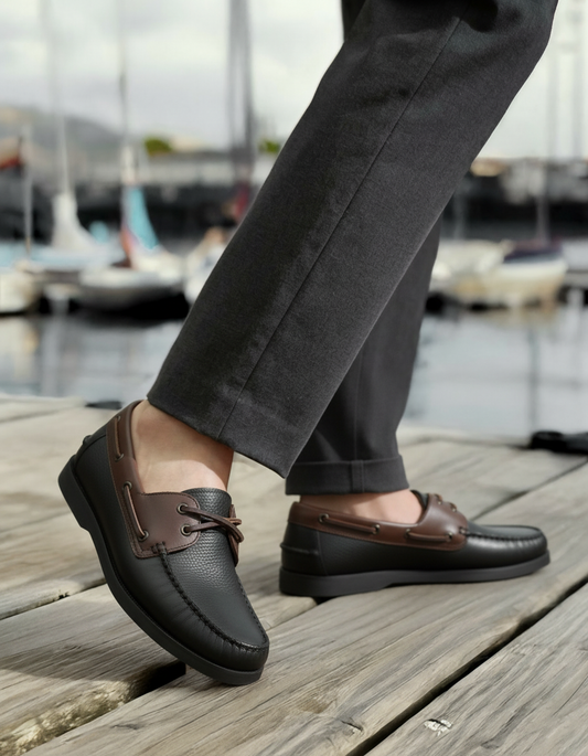Men's Black & Brown Leather Boat Loafers - FT04-0989