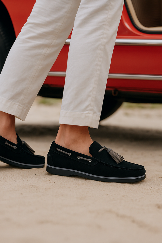 Men's Black Suede Tassel Boat Loafers - FT04-0991