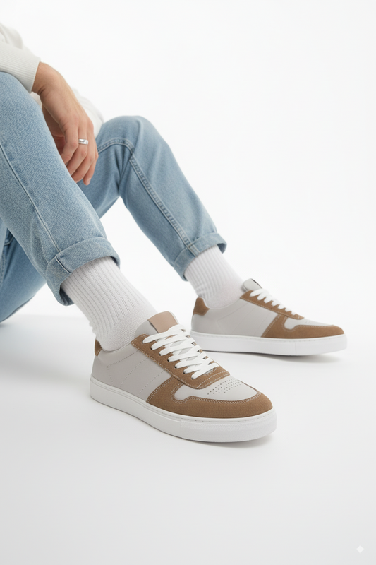 Men's Beige & White Leather Sneakers - FT05-0003