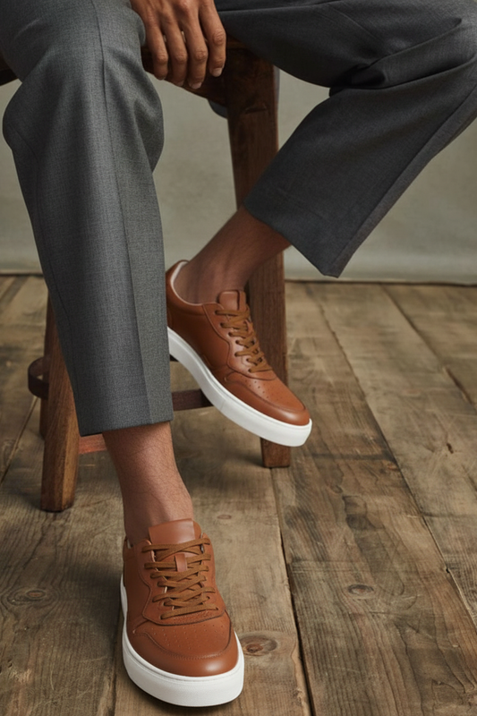 Men's Tan Leather Low Top Sneakers - FT05-0582