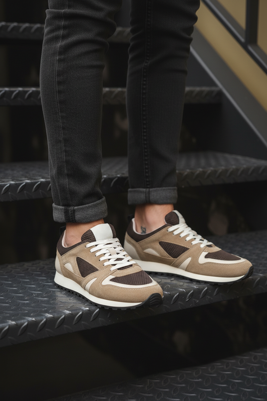 Men's Beige & Dark Brown Mesh Leather Sneakers - FT05-0583