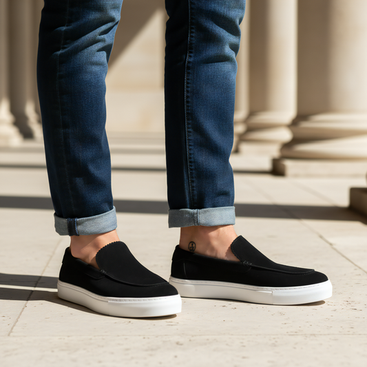 Men's Black Suede Leather White Sneaker Sole - FT05-1158