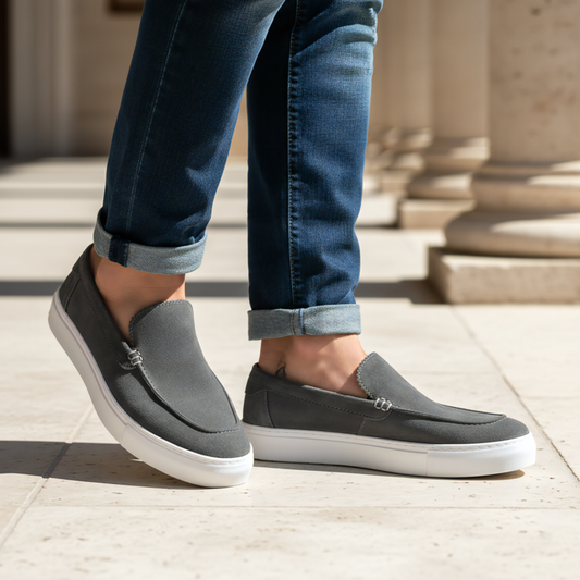 Men's Dark Grey Suede Leather White Sneaker Sole - FT05-1158