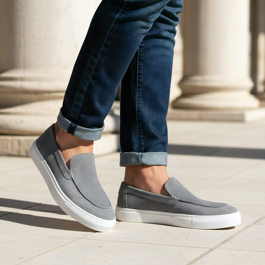 Men's Light Grey Suede Leather White Sneaker Sole - FT05-1158