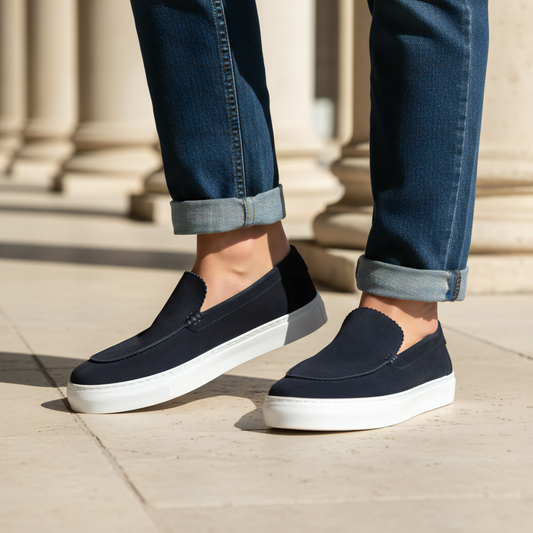 Men's Navy Suede Leather White Sneaker Sole - FT05-1158