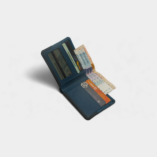 Dual-Tone Genuine Blue Leather Bi-Fold Wallet
