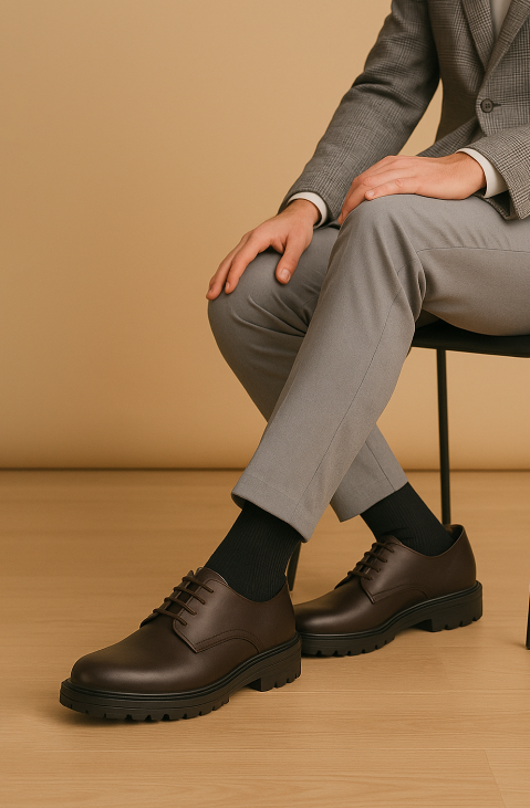 Men's Dark Brown Leather Derby Shoes with Rugged Sole - FT04-0409