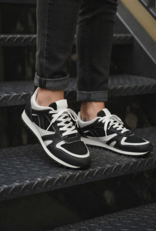 Men's Black Leather  Mesh Sneakers -FT05-0584