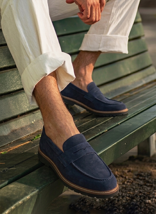 Men's Navy Suede Leather Venetian Loafers - FT04-K0303