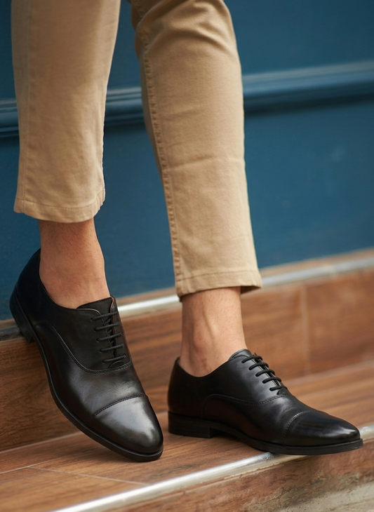 Men's Black Leather Plain Toe Oxford Shoes – FT07-0403