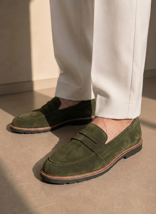 Men's Olive Suede Leather Venetian Loafers - FT04-K0303