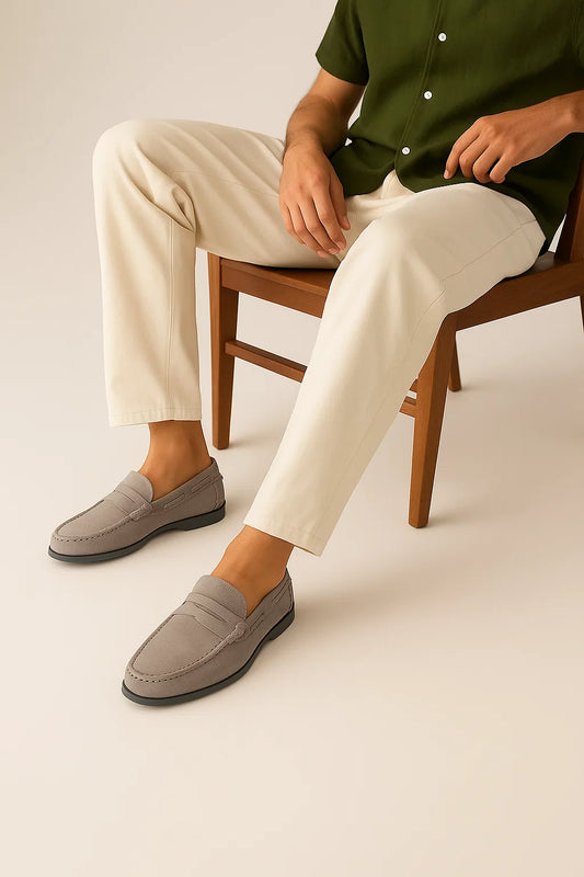 Men's Grey Suede Leather Penny Loafers - FT04-0434